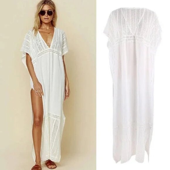 2/$30 NEW Boho White Caftan Beach Swim Coverup Maxi Dress - Picture 5 of 8